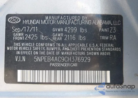 2012 Hyundai Sonata Gls из США, поврежденный, VIN 5NPEB4AC9CH376929